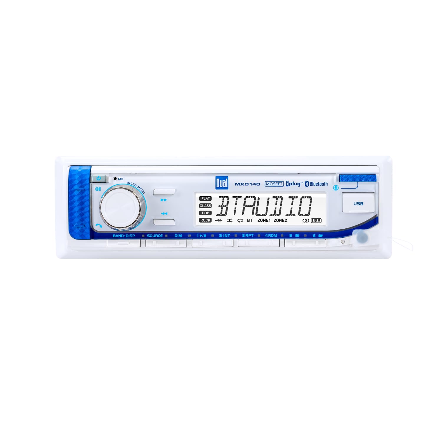Dual - MXD140 Marine Radio | AM/FM | Bluetooth | USB 2.1A | Single DIN | 8-Character LCD - White