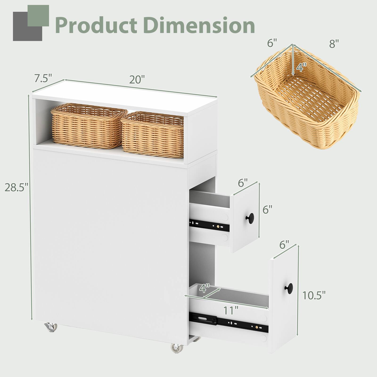 Product Dimension: 28.5" x 20" x 7.5", Basket: 8" x 6" x 4", Drawer: 11" x 6" x 10.5"