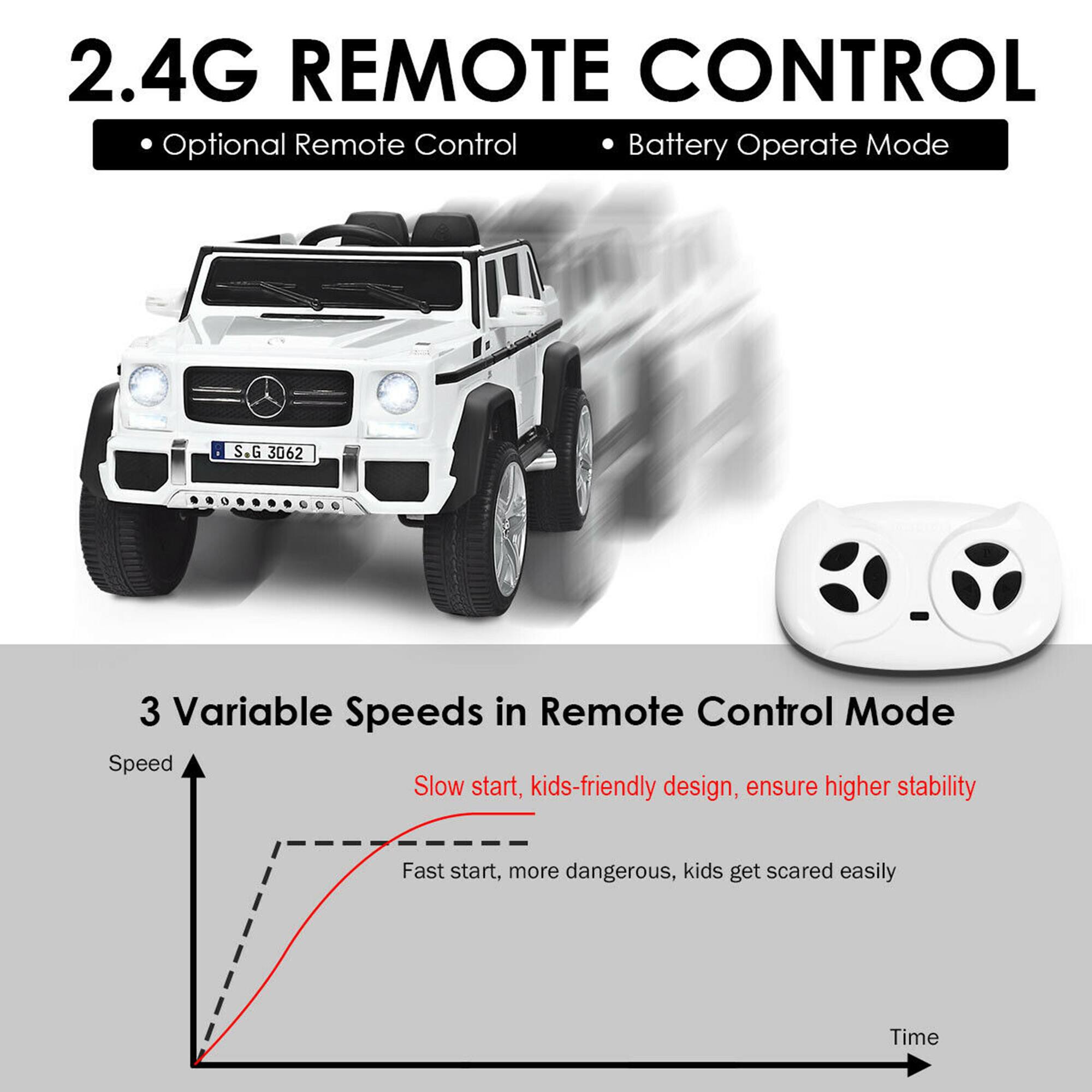 2.4G REMOTE CONTROL  
- Optional Remote Control  
- Battery Operate Mode  

3 Variable Speeds in Remote Control Mode  
- Slow start, kids-friendly design, ensure higher stability  
- Fast start, more dangerous, kids get scared easily  

Speed  
Time