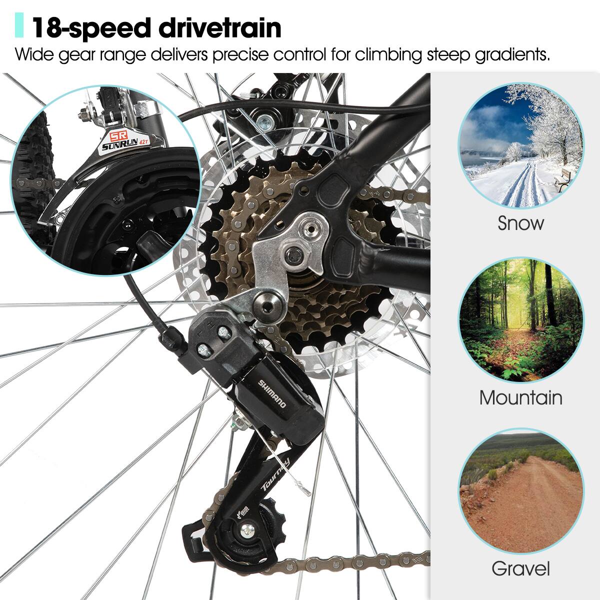 18-speed drivetrain  
Wide gear range delivers precise control for climbing steep gradients.  

SR SORUN 42T  
Snow  
Mountain  
Gravel