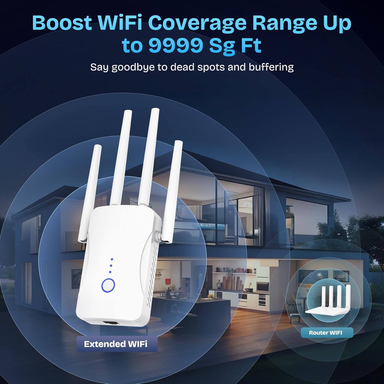 Boost WiFi Coverage Range Up to 9999 Sq Ft  
Say goodbye to dead spots and buffering  

Extended WiFi  
Router WiFi