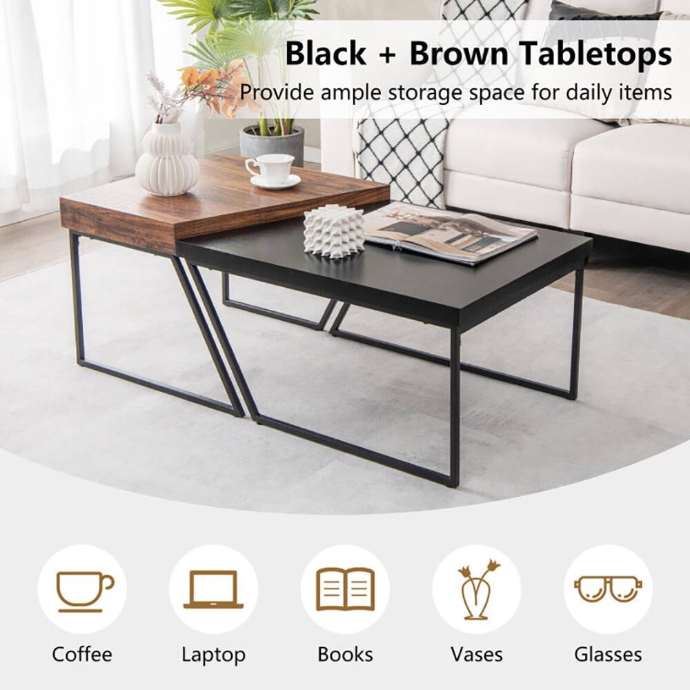 Black + Brown Tabletops  
Provide ample storage space for daily items  
Coffee, Laptop, Books, Vases, Glasses