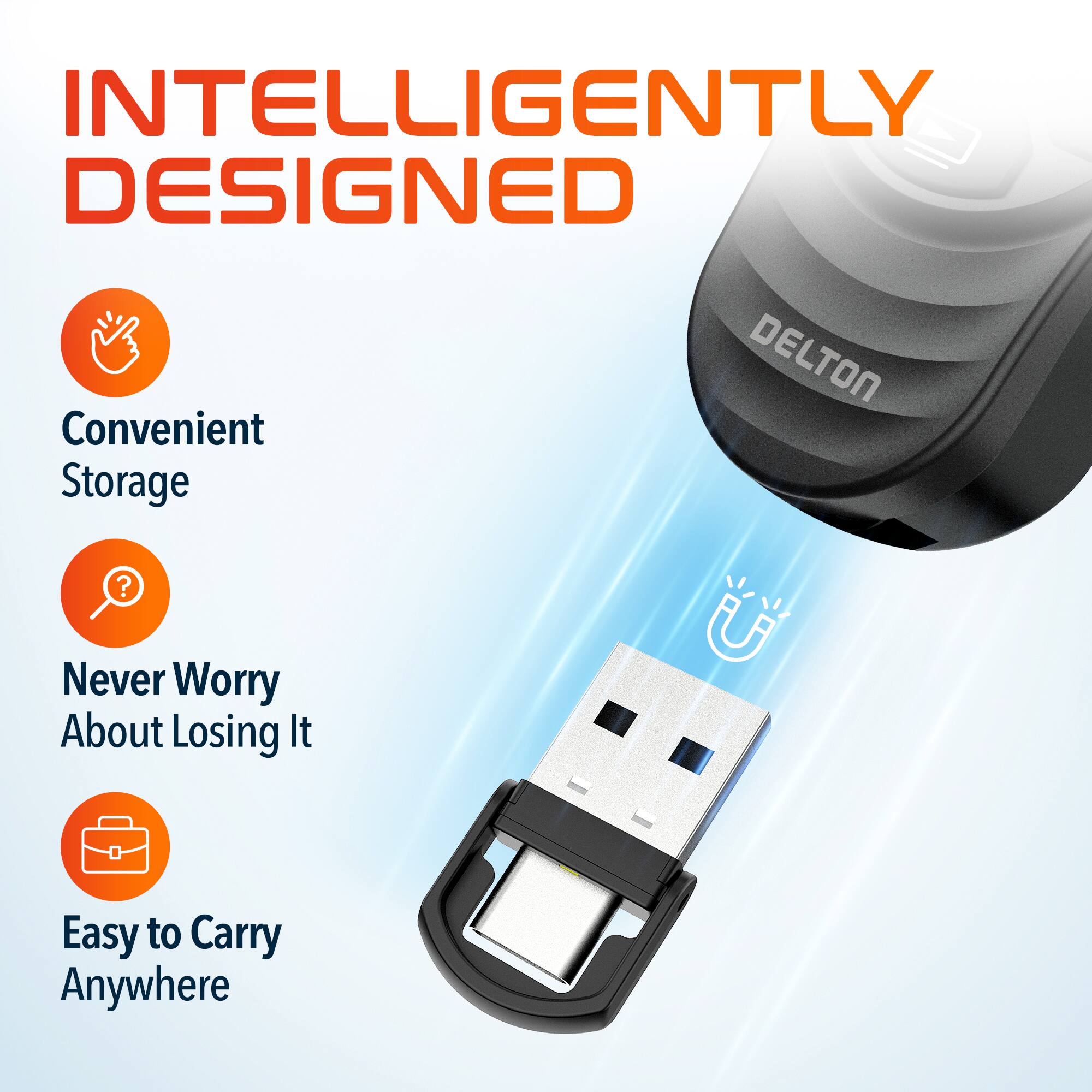 INTELLIGENTLY DESIGNED

DELTON

Convenient Storage

Never Worry About Losing It

Easy to Carry Anywhere