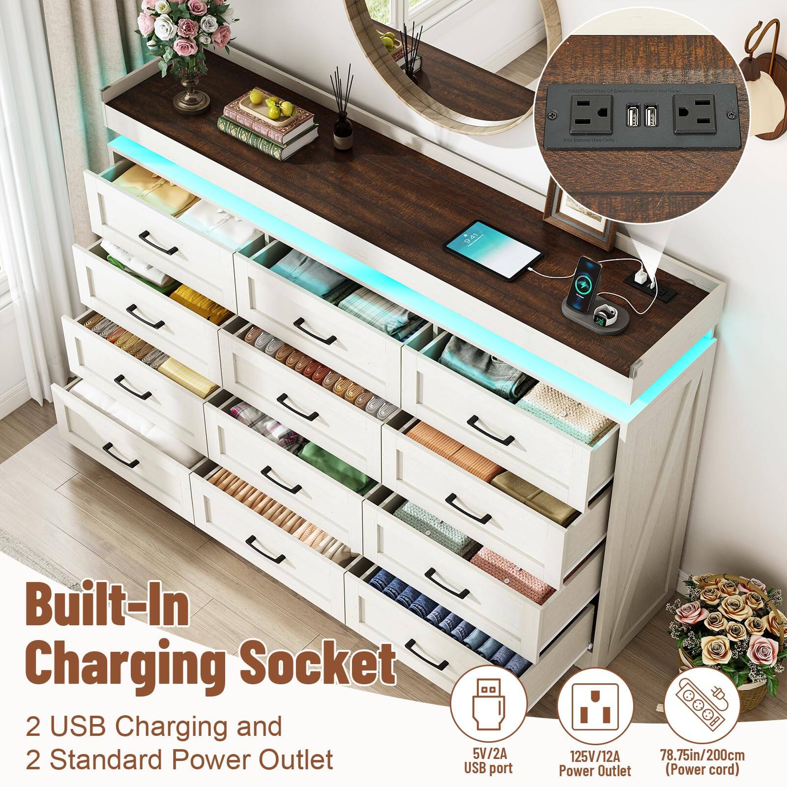 Built-In Charging Socket  
2 USB Charging and 2 Standard Power Outlet  
5V/2A USB port  
125V/12A  
78.75in/200cm Power Outlet (Power cord)