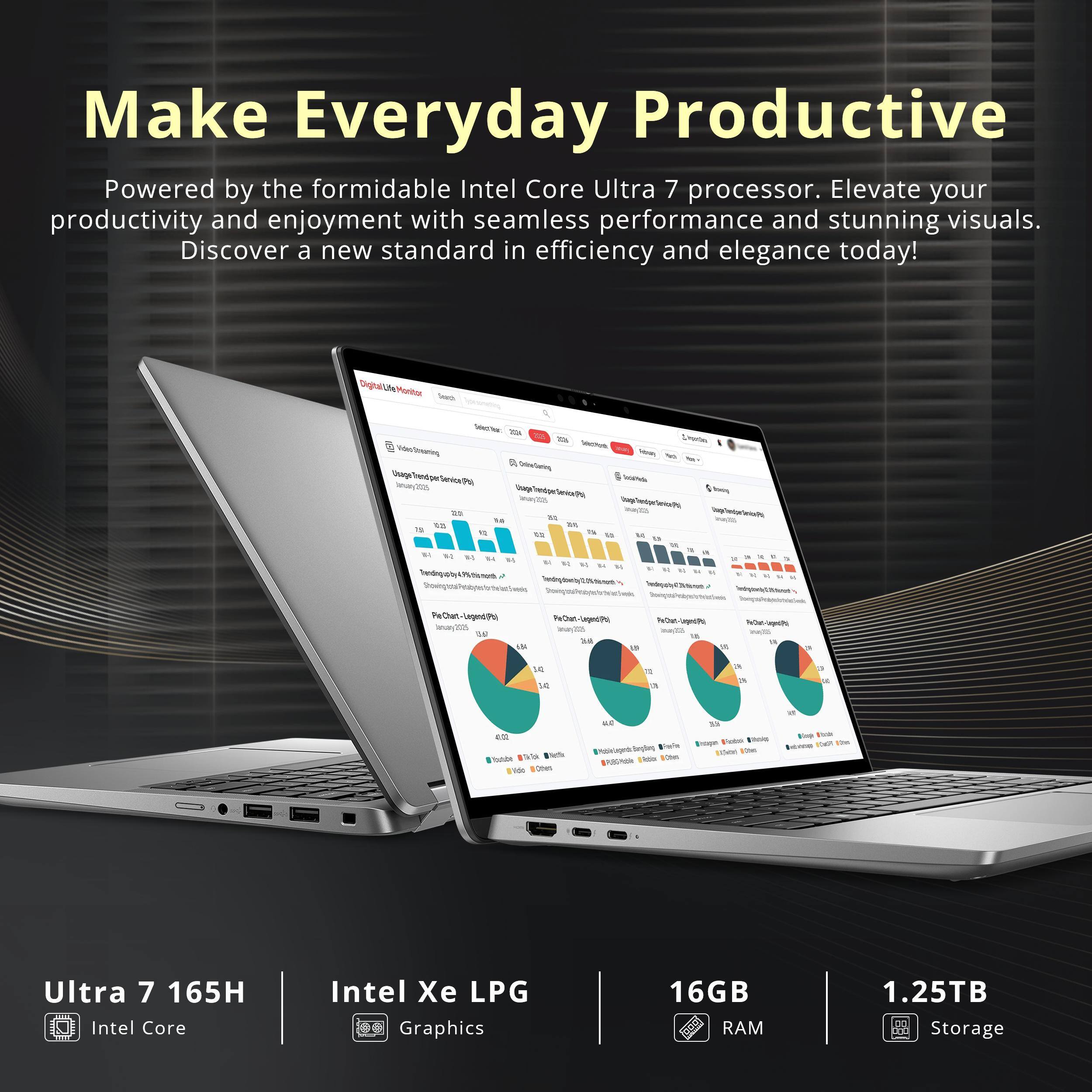 Make Everyday Productive

Powered by the formidable Intel Core Ultra 7 processor. Elevate your productivity and enjoyment with seamless performance and stunning visuals. Discover a new standard in efficiency and elegance today!

Ultra 7 165H  
Intel Core

Intel Xe LPG  
Graphics

16GB  
RAM

1.25TB  
Storage