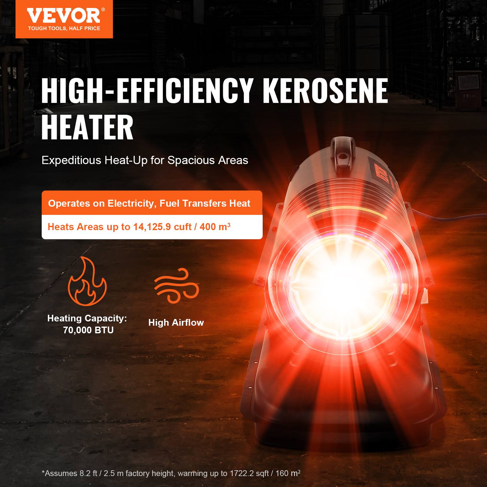 VEVOR TOUGH TOOLS, HALF PRICE

HIGH-EFFICIENCY KEROSENE HEATER

Expeditious Heat-Up for Spacious Areas

Operates on Electricity, Fuel Transfers Heat

Heats Areas up to 14,125.9 cuft / 400 m³

Heating Capacity: 70,000 BTU

High Airflow

*Assumes 8.2 ft / 2.5 m factory height, warming up to 1722.2 sqft / 160 m²