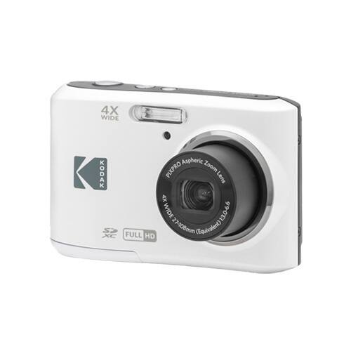 The image features a white Kodak SXC camera with a 4X WIDE lens. The camera has a Full HD Aspheric PIXPRO Zoom Lens, which has a focal length of 13.0-6.6mm (equivalent).