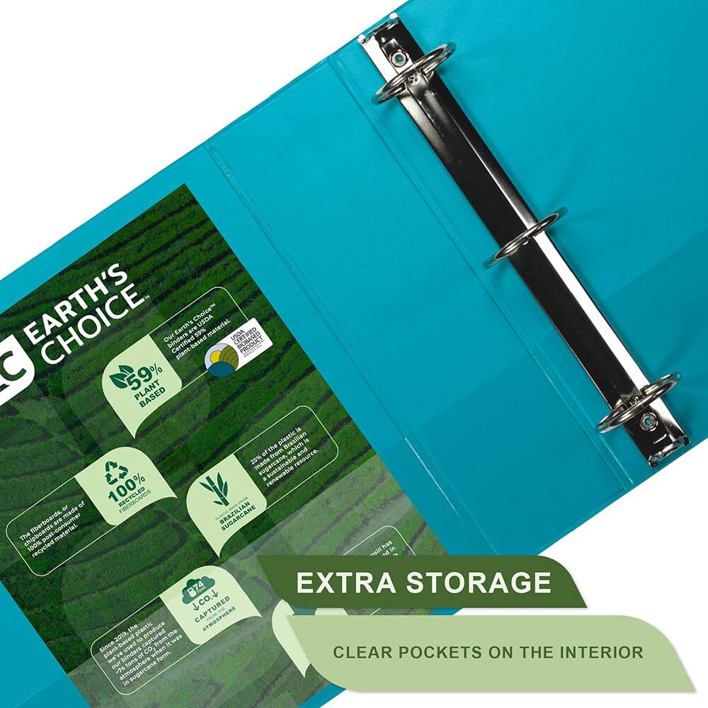 EARTH'S CHOICE

Our Earth's Choice® products are made from renewable resources and are 100% recyclable.

59% PLANT BASED
23% of the product is made from renewable resources.

100% RECYCLED
The binder is made from 100% recycled materials.

BRAZILIAN SUGAR CANE
The plant-based material is made from Brazilian sugar cane.

Since 2009, the production of this product has captured 874 kg of CO2 from the atmosphere.

EXTRA STORAGE
CLEAR POCKETS ON THE INTERIOR
