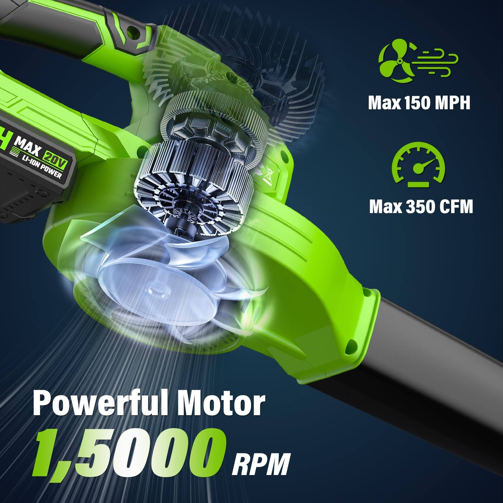 MAX 20V  
LI-ION POWER  

Powerful Motor  
1,5000 RPM  

Max 150 MPH  
Max 350 CFM