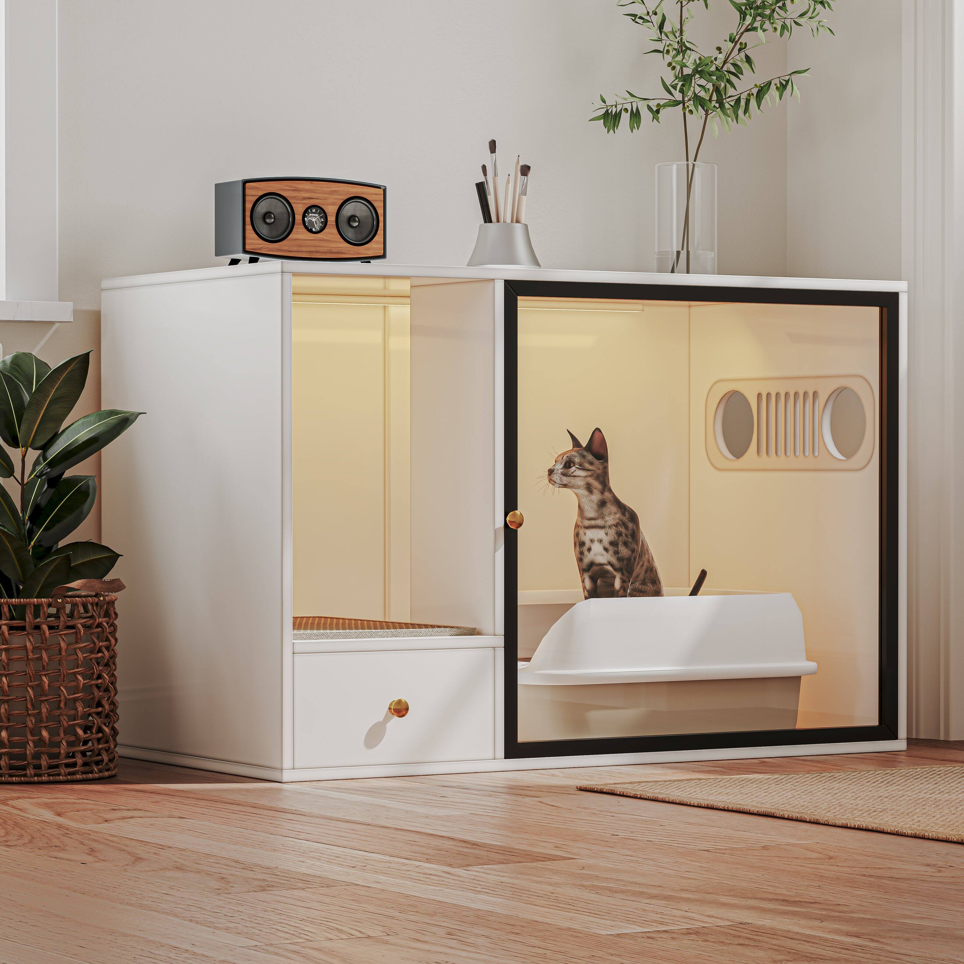 Front. MSOOB - Cat Litter Box Enclosure Furniture Style, White Large Hidden LitterBox Cat Cabinet with Storage and Glass Door - White.