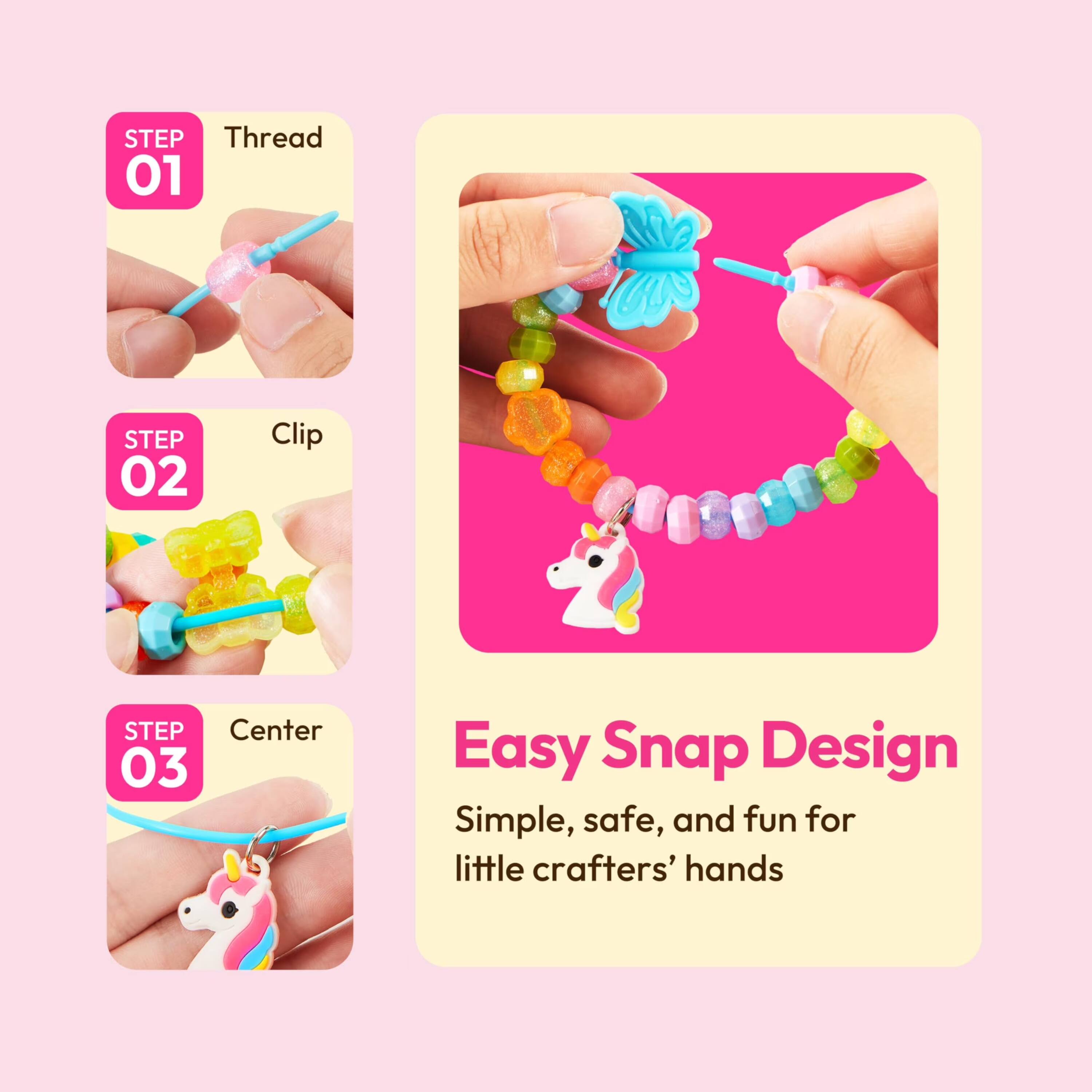 STEP 01
Thread

STEP 02
Clip

STEP 03
Center

Easy Snap Design
Simple, safe, and fun for little crafters' hands