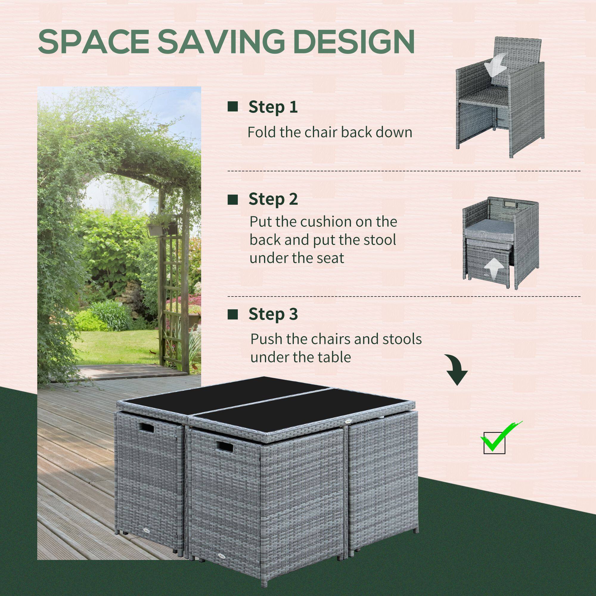 Step 1: Fold the chair back down
Step 2: Put the cushion on the back and put the stool under the seat
Step 3: Push the chairs and stools under the table