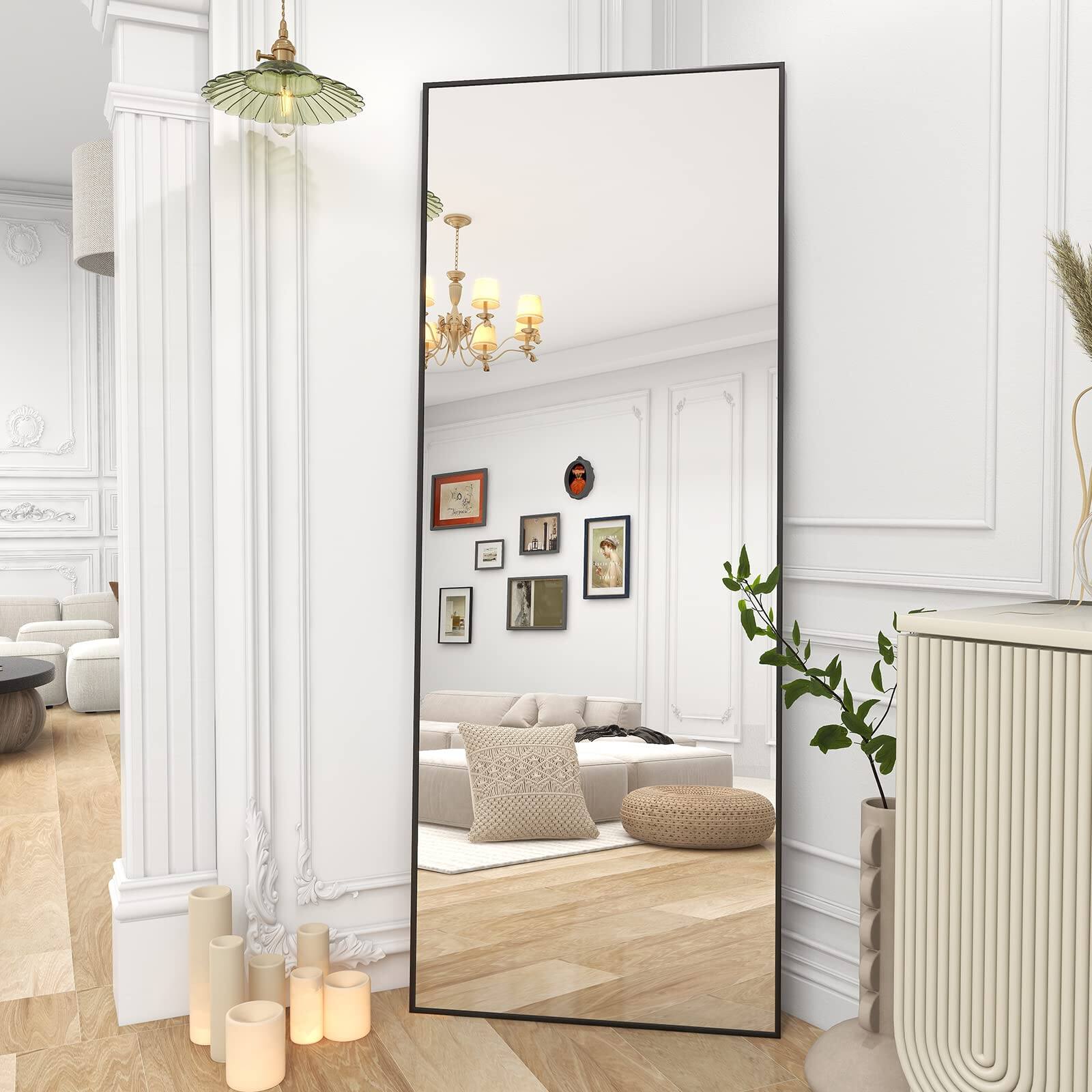 Alt View 2. HOMLUX - Full Length Rectangle Floor Mirror Black Aluminum Frame Free Standing Wall Mounted for Bedroom.