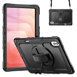 Dteck - For Samsung Galaxy Tab S11 Ultra 2025 14.6'' Shockproof Three-Layer Stand Shoulder Strap Case Built-in Screen Protector - Black