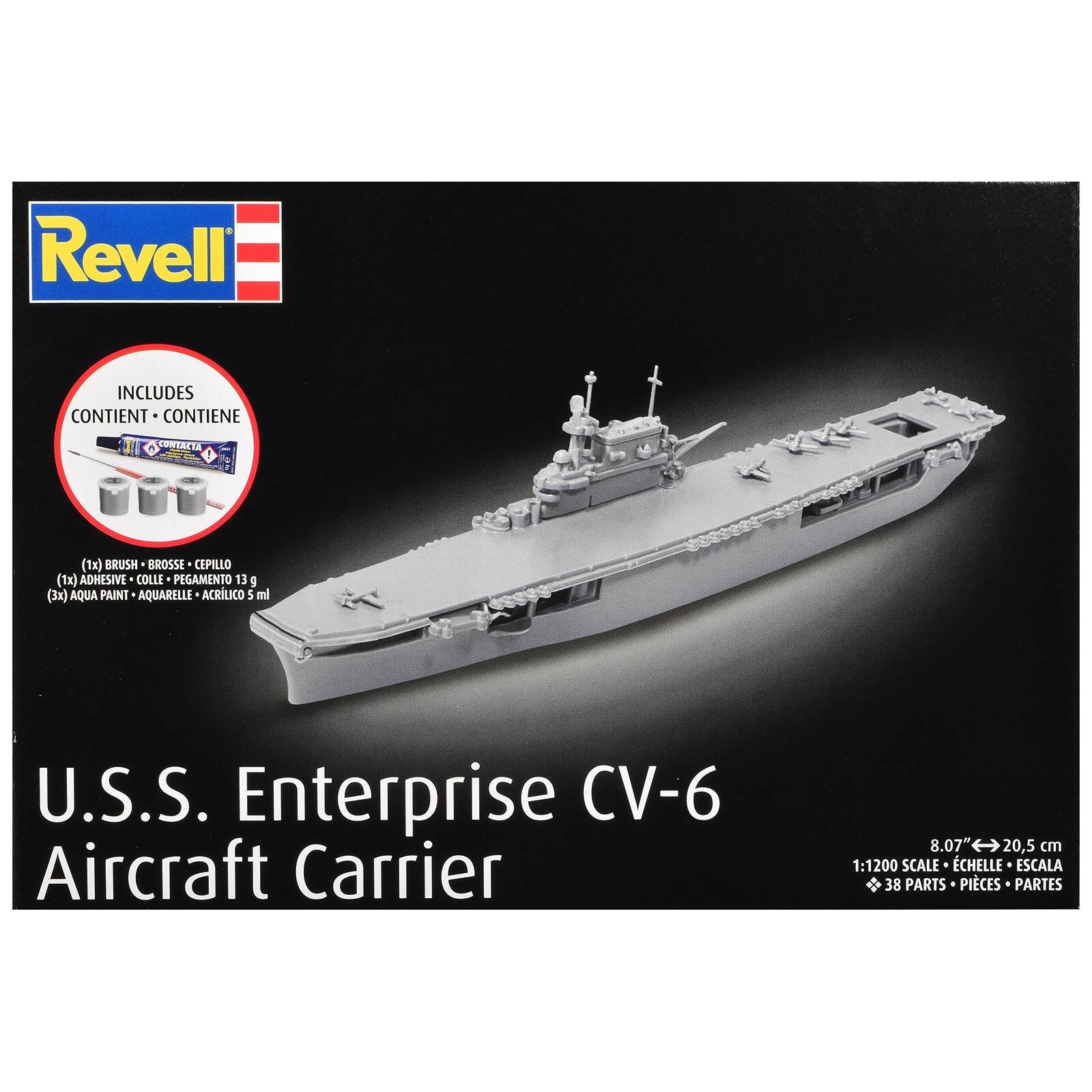 Revell

INCLUDES CONTIENT CONTIENE
(1x) BRUSH BROSSE CEPILLO
(1x) ADHESIVE COLLE PEGAMENTO 13 g
(3x) AQUA PAINT AQUARELLE ACRLICO 5 ml

U.S.S. Enterprise CV-6 Aircraft Carrier
8.07" 20,5 cm
1:1200 SCALE CHELLE ESCALA
38 PARTS PIECES PARTES