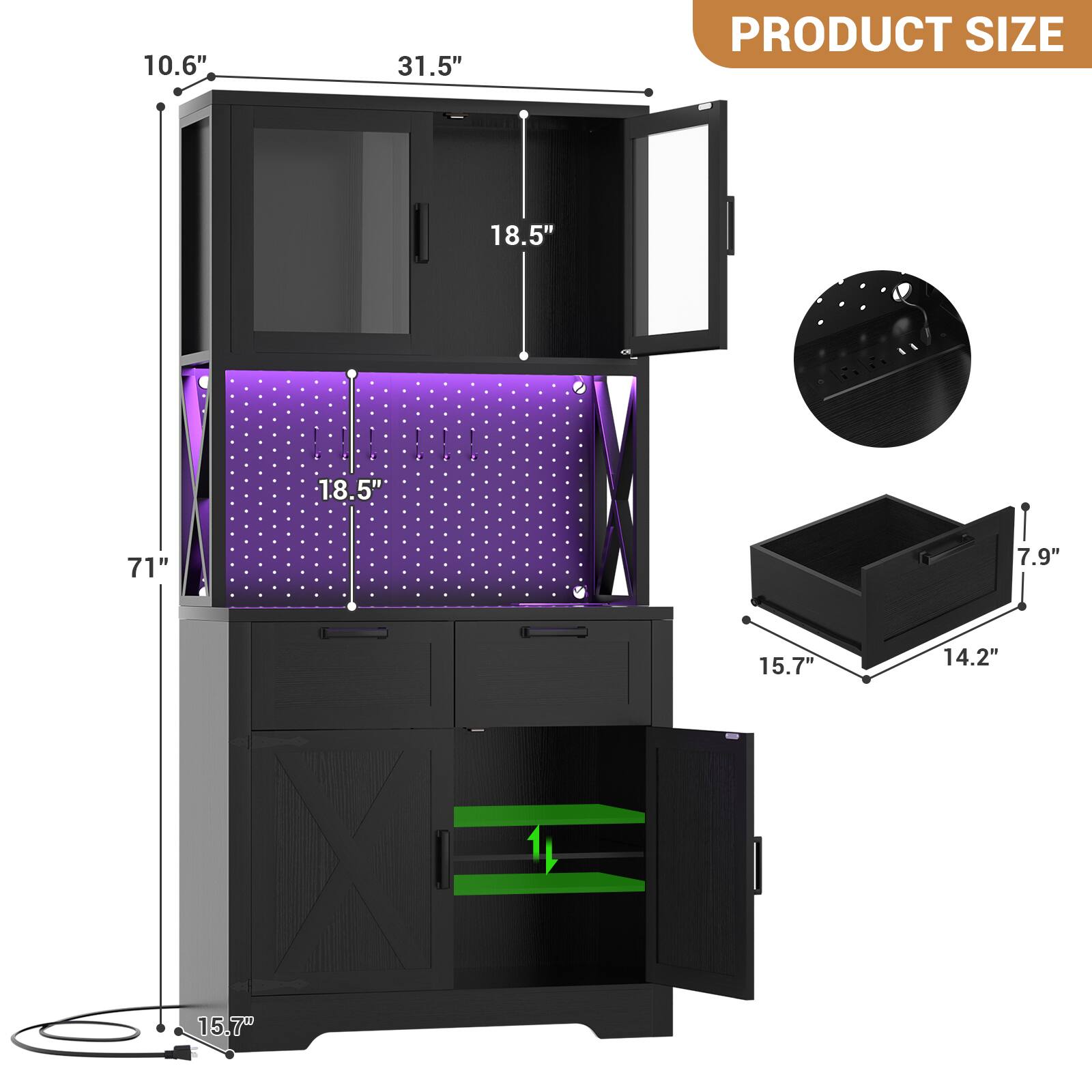 10.6"  
31.5"  
18.5"  
18.5"  
71"  
7.9"  
15.7"  
14.2"  
15.7"