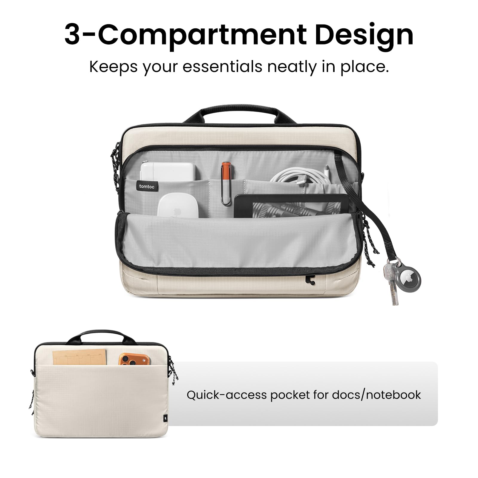 3-Compartment Design  
Keeps your essentials neatly in place.  

Quick-access pocket for docs/notebook