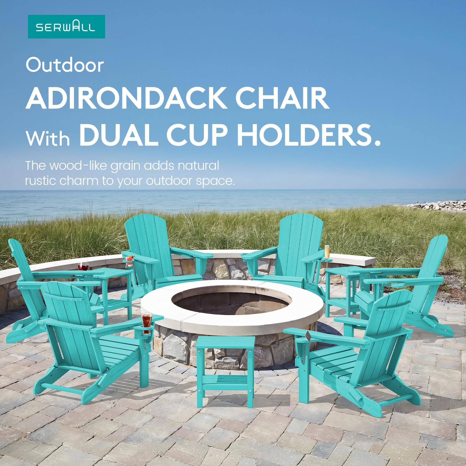 SERWALL Outdoor ADIRONDACK CHAIR With DUAL CUP HOLDERS. The wood-like grain adds natural rustic charm to your outdoor space.