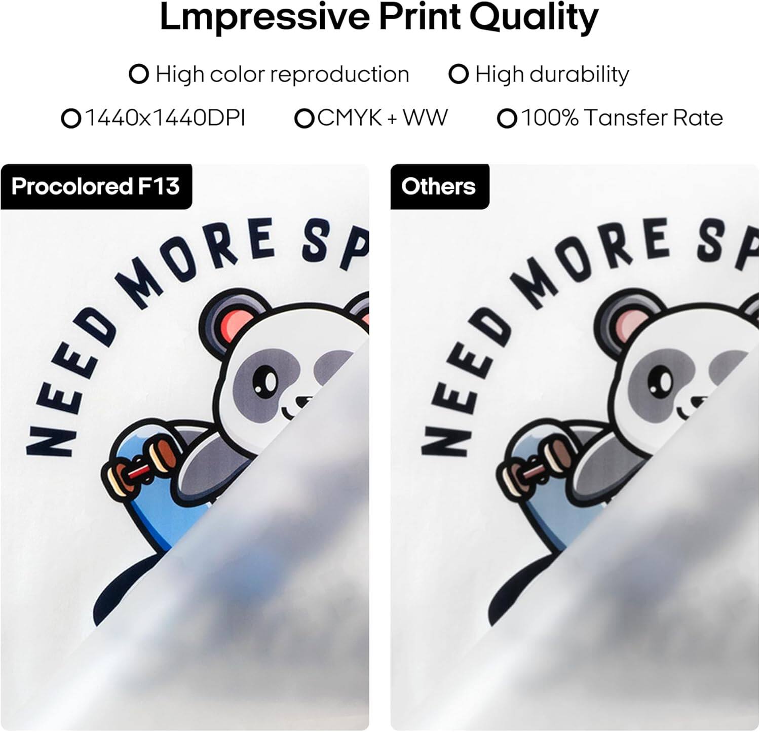 Lmpressive Print Quality  
- High color reproduction  
- High durability  
- 1440x1440DPI  
- CMYK + WW  
- 100% Transfer Rate  

Procolored F13  
Others  

NEED MORE SP
