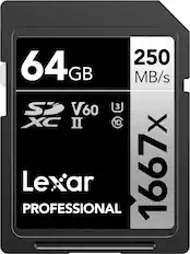 64 GB
250 MB/s
SD XC II V60
1667X
Lexar Professional