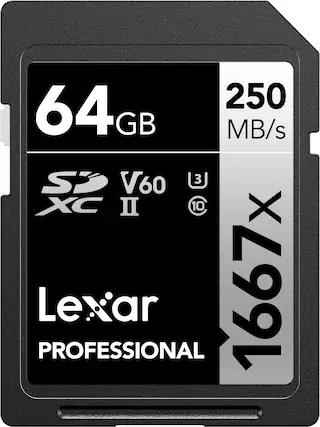 64 GB
250 MB/s
SD XC II V60
1667X
Lexar Professional