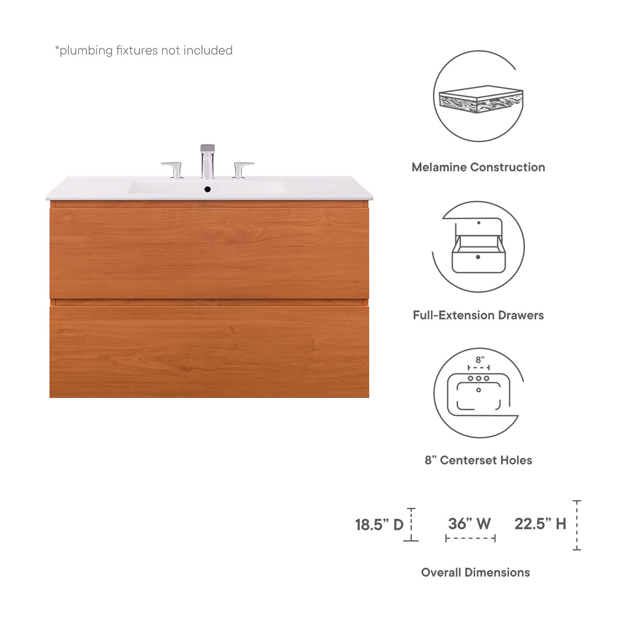 *plumbing fixtures not included  
Melamine Construction  
Full-Extension Drawers  
8" Centerset Holes  
18.5" D x 36" W x 22.5" H  
Overall Dimensions