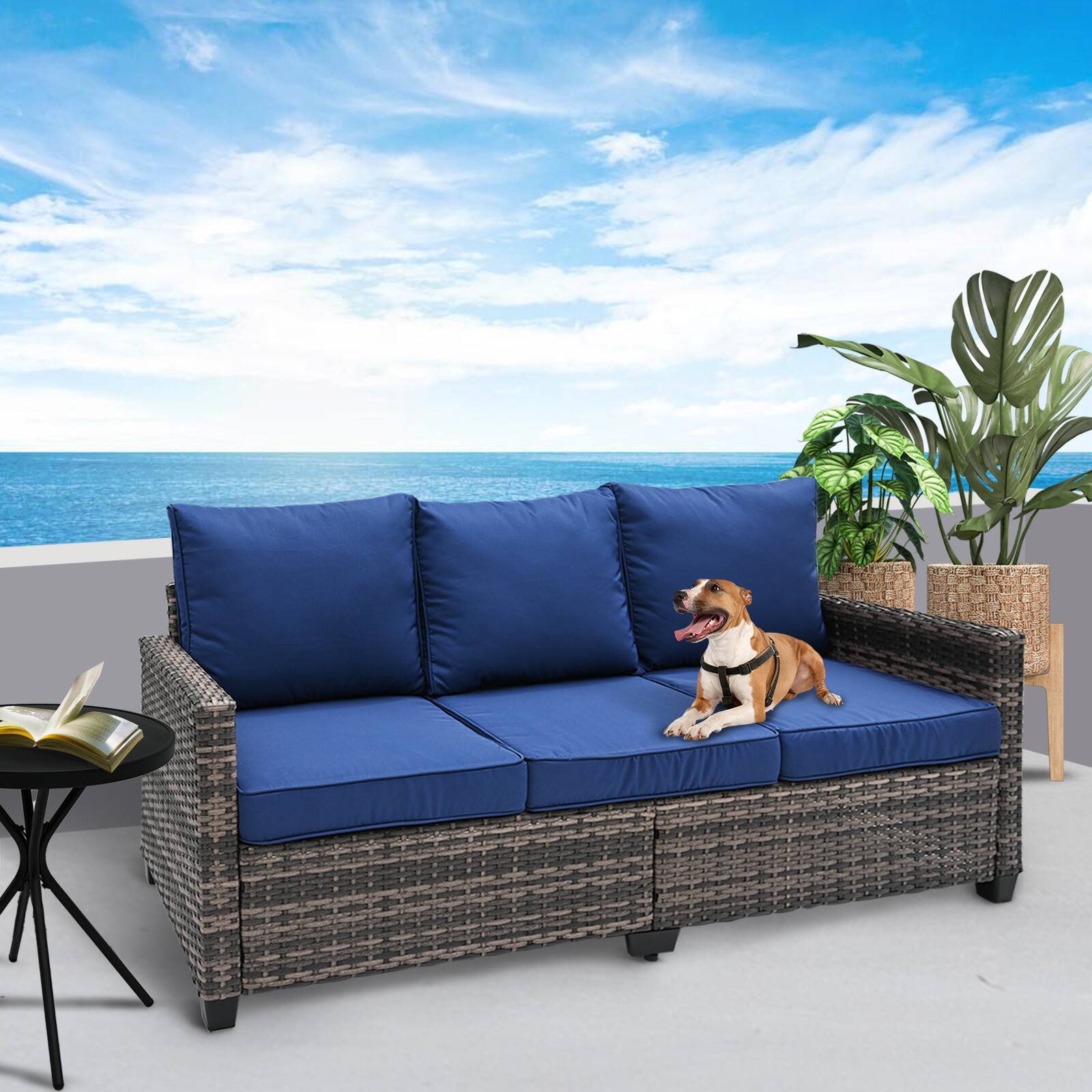 Angle. Decksplore - Metal Frame Outdoor Couch with Navy Blue Cushions, PE Ratten Sofa, Seats 3 - Navy Blue.