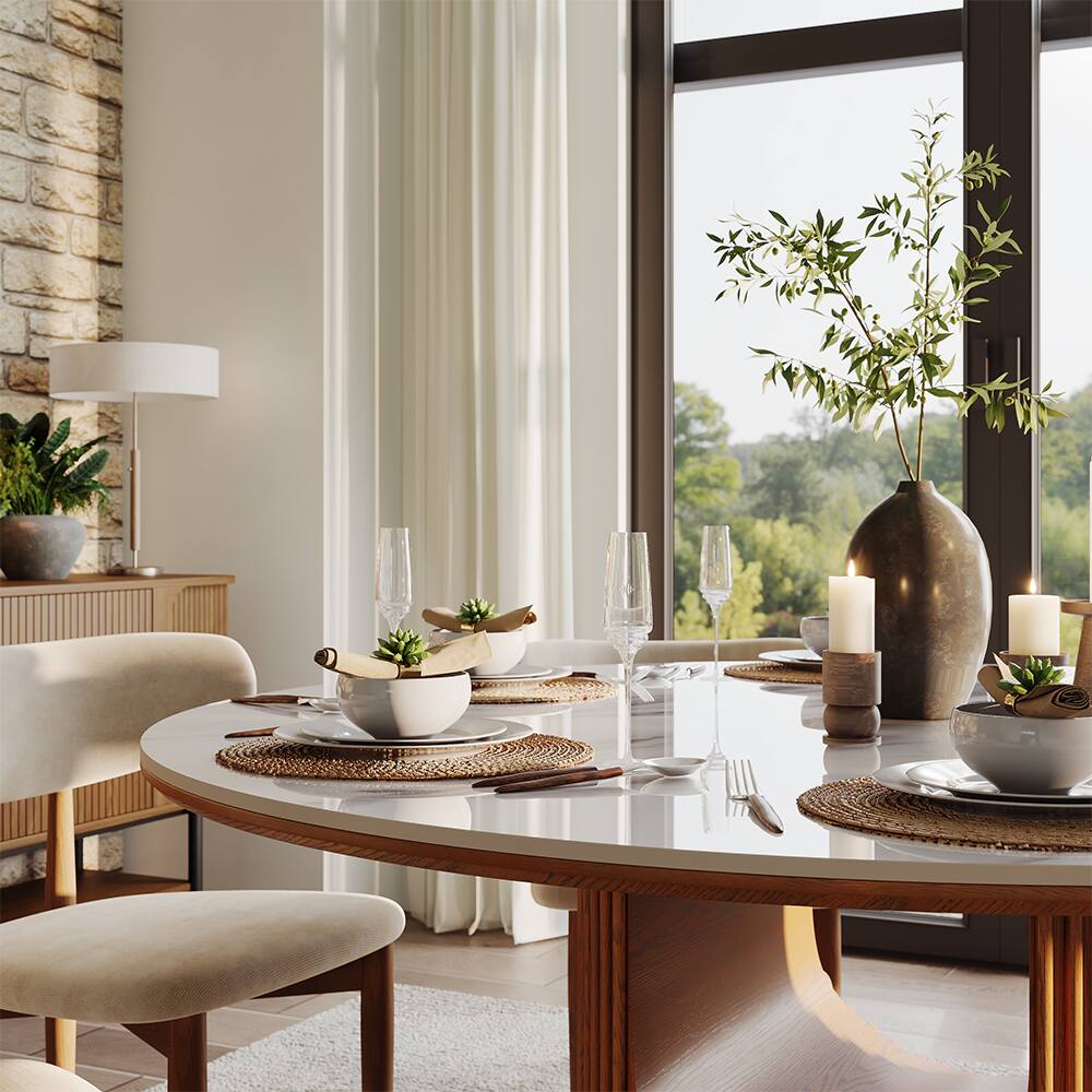 Back. POVISON - 59"Modern Round Wood Dining Table for 6,Walnut Color Solid Wood Dining Table,  Glossy White Sintered Stone Table - White.