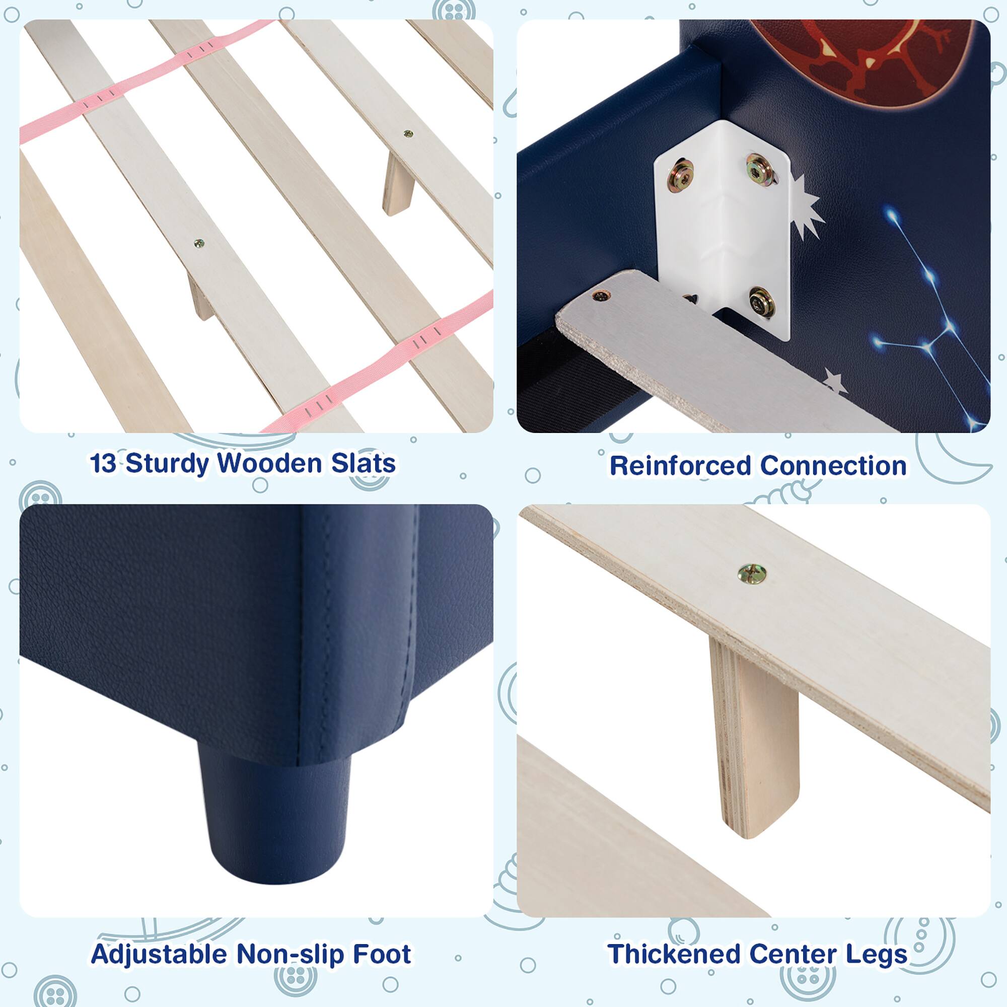 1. 13 Sturdy Wooden Slats
2. Reinforced Connection
3. Adjustable Non-slip Foot
4. Thickened Center Legs