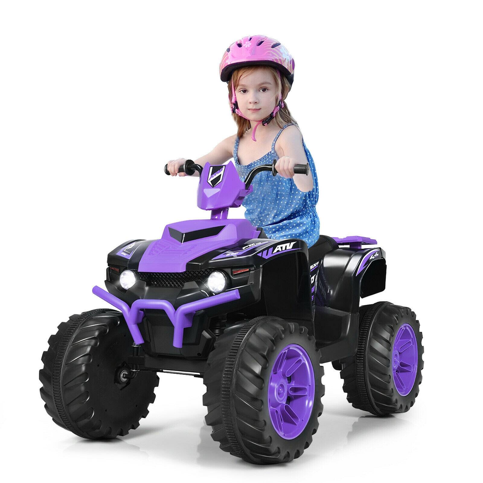 Left. SKONYON - 12V Kids Ride on ATV with LED Lights and Treaded Tires and LED lights.
