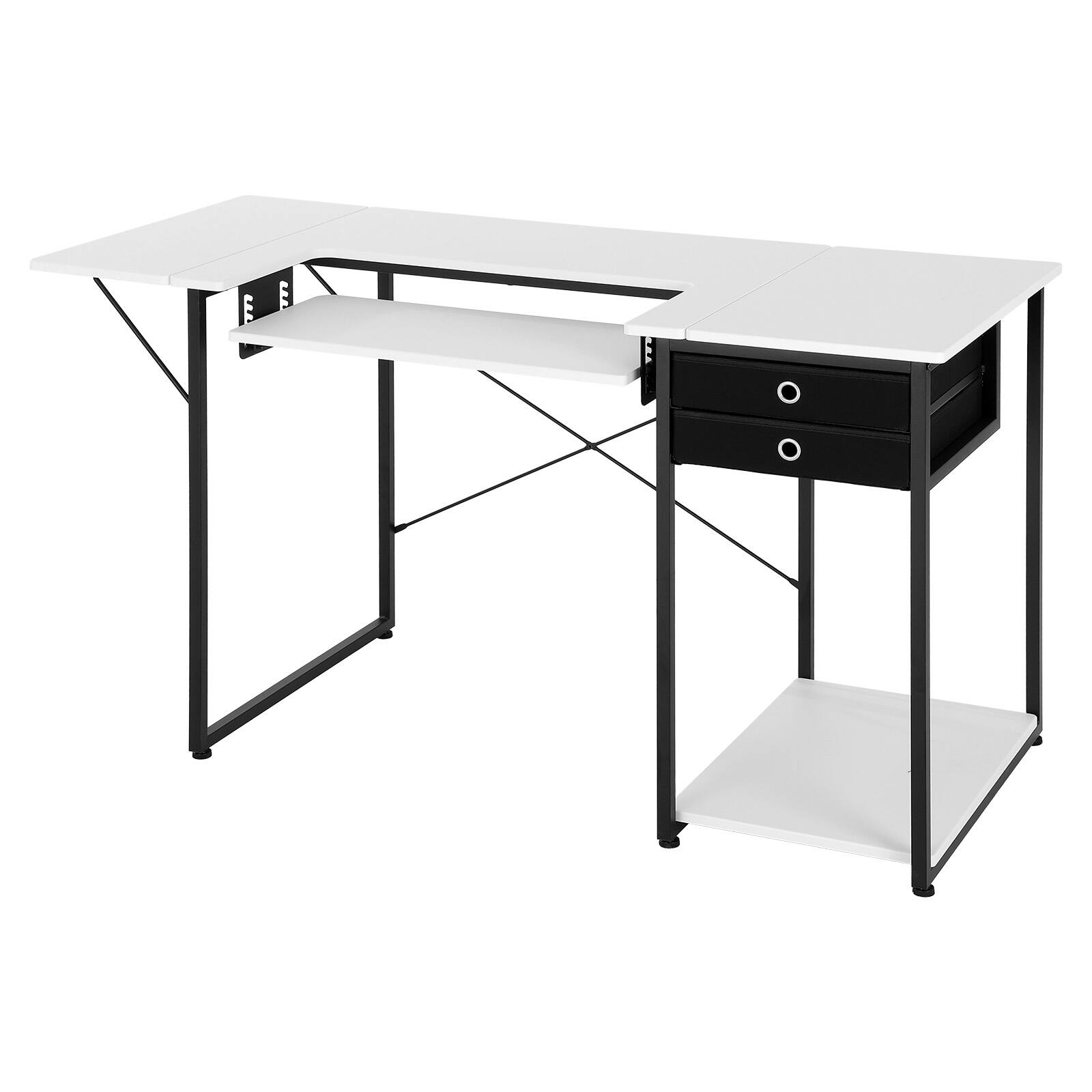 Alt View 5. VEVOR - Sewing Table, Multipurpose Sewing Machine Table with Drawers, Foldable Side Shelf, Adjustable Shelf, Steel Legs - White Particleboard Tabletop + Black Steel Legs.