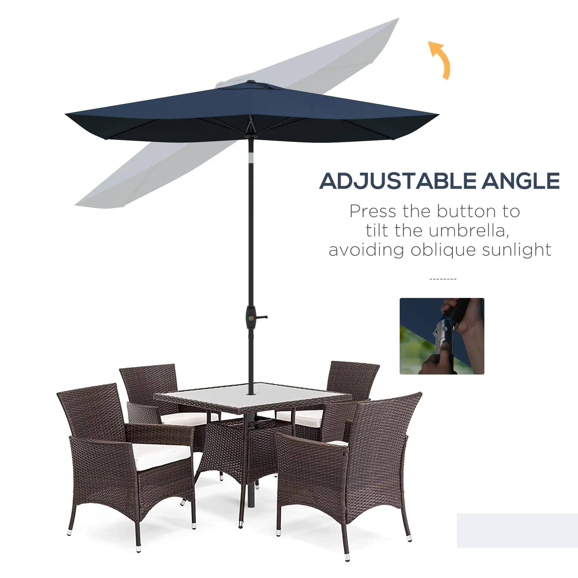 ADJUSTABLE ANGLE  
Press the button to tilt the umbrella, avoiding oblique sunlight
