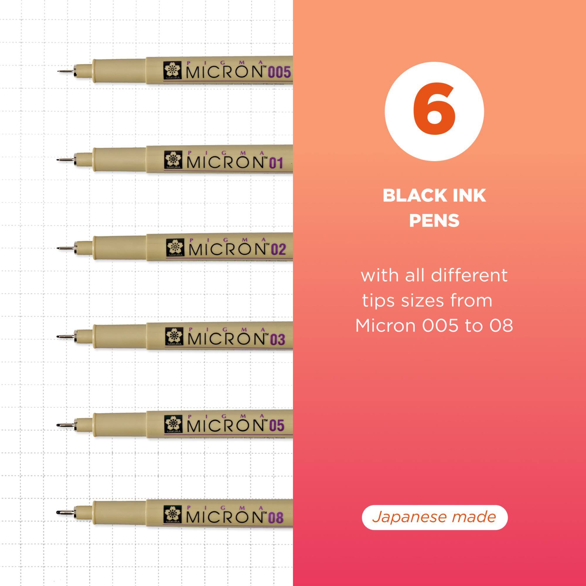 PIGMA MICRON 005  
PIGMA MICRON 01  
PIGMA MICRON 02  
PIGMA MICRON 03  
PIGMA MICRON 05  
PIGMA MICRON 08  

6 BLACK INK PENS  
with all different tips sizes from Micron 005 to 08  

Japanese made