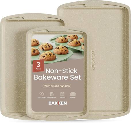 3 Piece Non-Stick Bakeware Set BAKKEN With silicon handles PFOA PFOS Free Dishwasher Safe Oven Safe Stackable BAKKEN