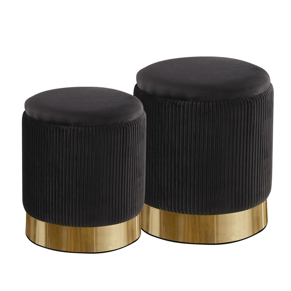 Back. JETRANSPORT - Round Ottoman Storage Upholstered Vanity Stool Living Room Ottomans Multifunctional Foot Rest (black - White With Middle Gold.