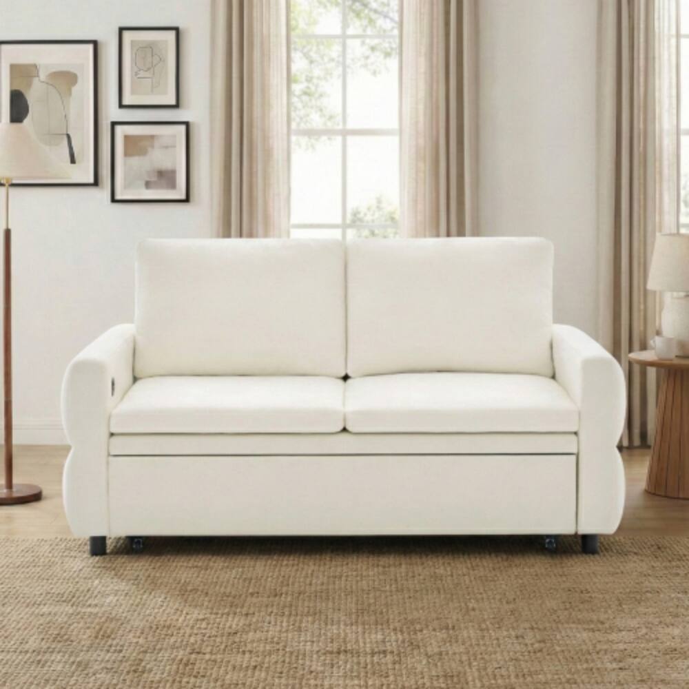 Angle. LUCKY ONE - 62.75" Convertible Sleeper Sofa Loveseat w/ Adjustable Backrest Dual USB Ports - Beige.