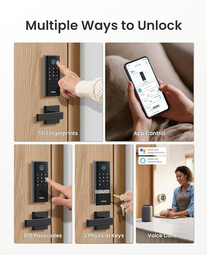 Multiple Ways to Unlock

- 50 Fingerprints
- App Control
- 100 Passcodes
- 2 Physical Keys
- Voice Control

Works with Google Assistant
Works with Amazon Alexa