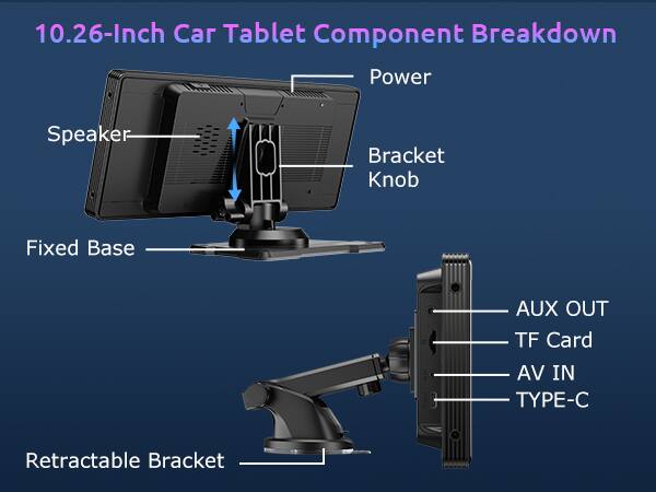 10.26-Inch Car Tablet Component Breakdown: Power, Speaker, Bracket Knob, Fixed Base, AUX OUT, TF Card, AV IN, TYPE-C, Retractable Bracket