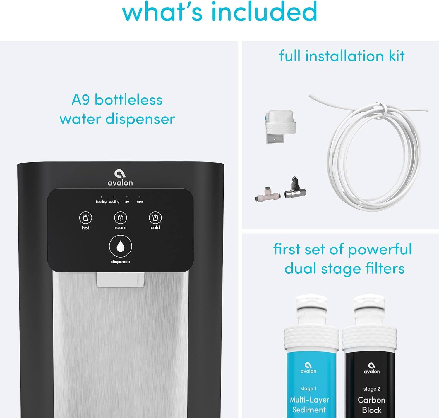 what's included

- full installation kit
- A9 bottleless water dispenser
- first set of powerful dual stage filters
  - stage 1: Multi-Layer Sediment
  - stage 2: Carbon Block