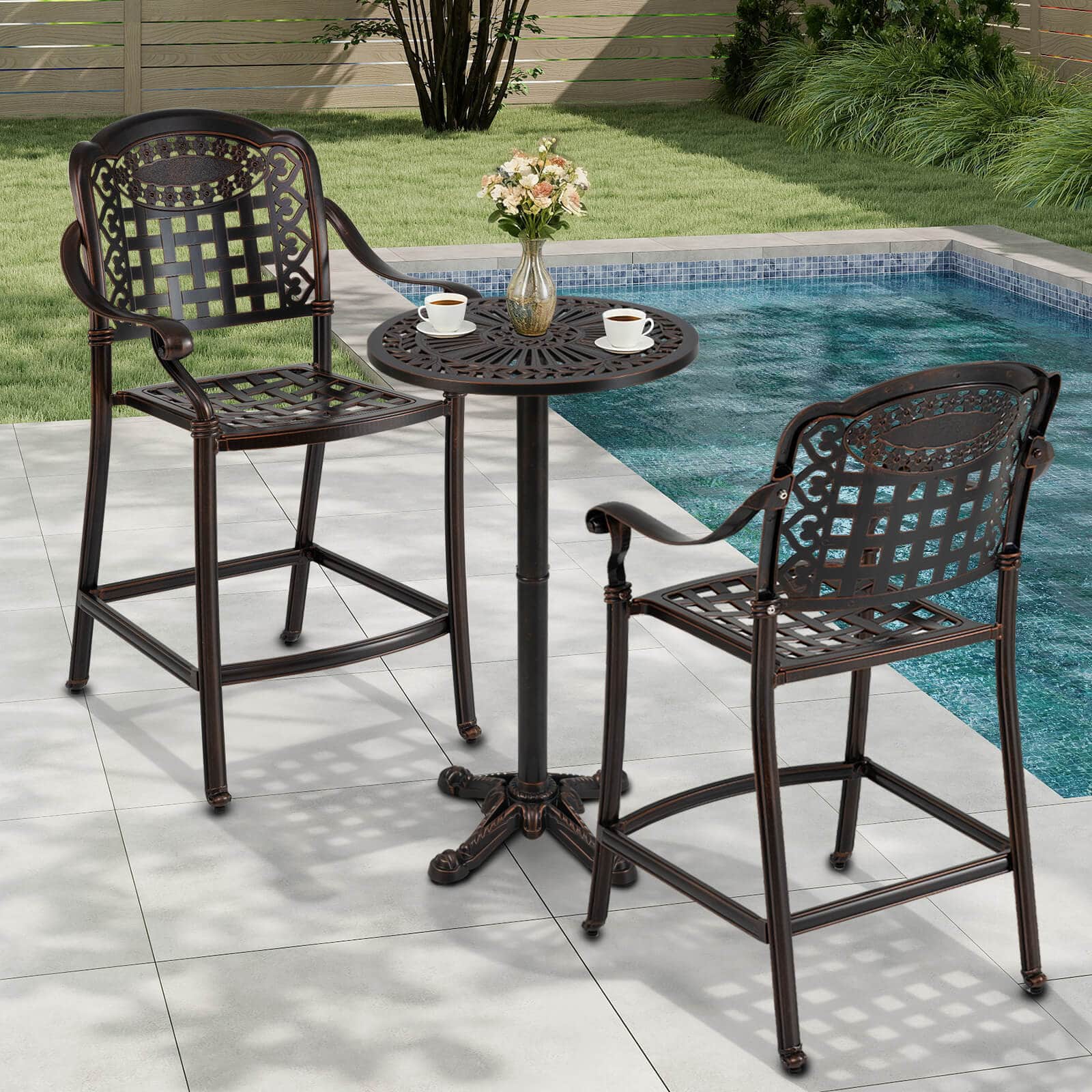 Costway - 3 PCS Outdoor Cast Aluminum Round High Top Table & 2 Counter Height Bar Stools - Bronze