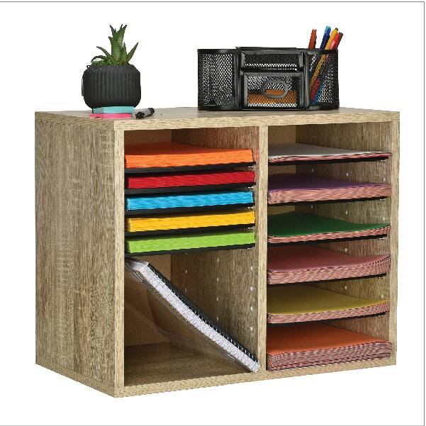 Angle. AdirOffice - Literature Organizer, Wood Adjustable 12 Compartment Literature File Organizer, 11.8”D x 20”W x 16.3”H - Medium Oak.
