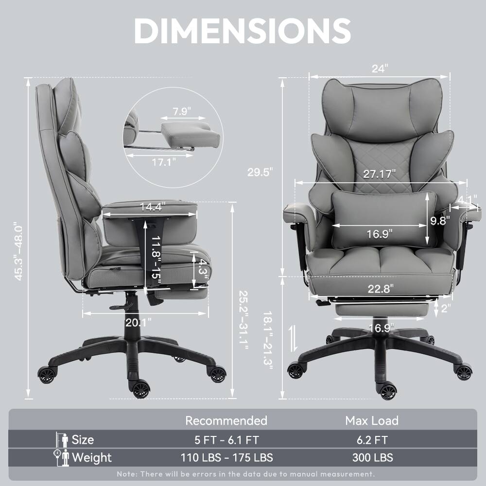 DIMENSIONS  
24"  
7.9"  
17.1"  
29.5"  
27.17"  
45.3"-48.0"  
14.4"  
11.8"-15"  
20.1"  
4.3"  
25.2"-31.1"  
18.1"-21.3"  
.3"  
16.9"  
22.8"  
16.9"  
9.8"  

Recommended Max Load Size  
5 FT - 6.1 FT  
6.2 FT  

Weight  
110 LBS - 175 LBS  
300 LBS  

Note: There will be errors in the data due to manual measurement.