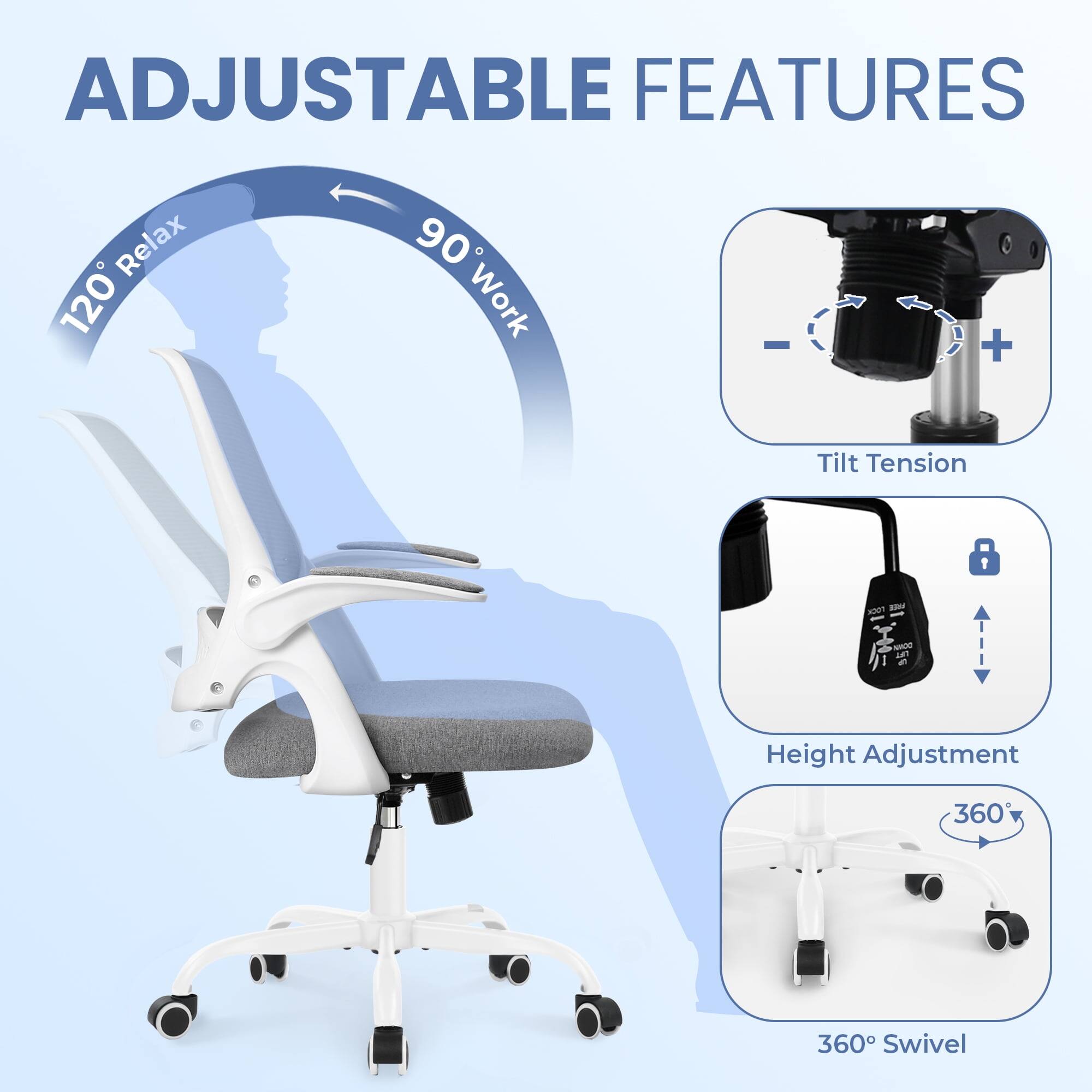 ADJUSTABLE FEATURES

- 120° Relax
- 90° Work
- Tilt Tension
- Height Adjustment
- 360° Swivel