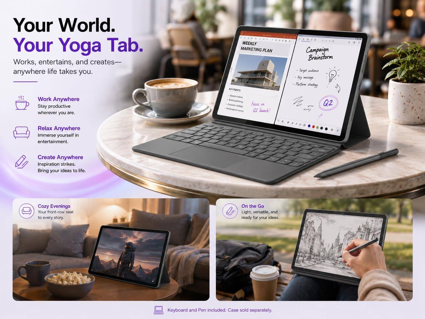 Your World. Your Yoga Tab.  
Works, entertains, and creates—anywhere life takes you.

15: Work Anywhere  
Stay productive wherever you are.

WEEKLY MARKETING PLAN POINTS  
Marian Focus on Q2 launch!  
Campaign Brainstorm  
Target audience  
Key message  
Platform strategy  
Q2

Relax Anywhere  
Immerse yourself in entertainment.

Create Anywhere  
Inspiration strikes. Bring your ideas to life.

Cozy Evenings  
Your front-row seat to every story.

On the Go  
Light, versatile, and ready for your ideas.

Keyboard and Pen included. Case sold separately.
