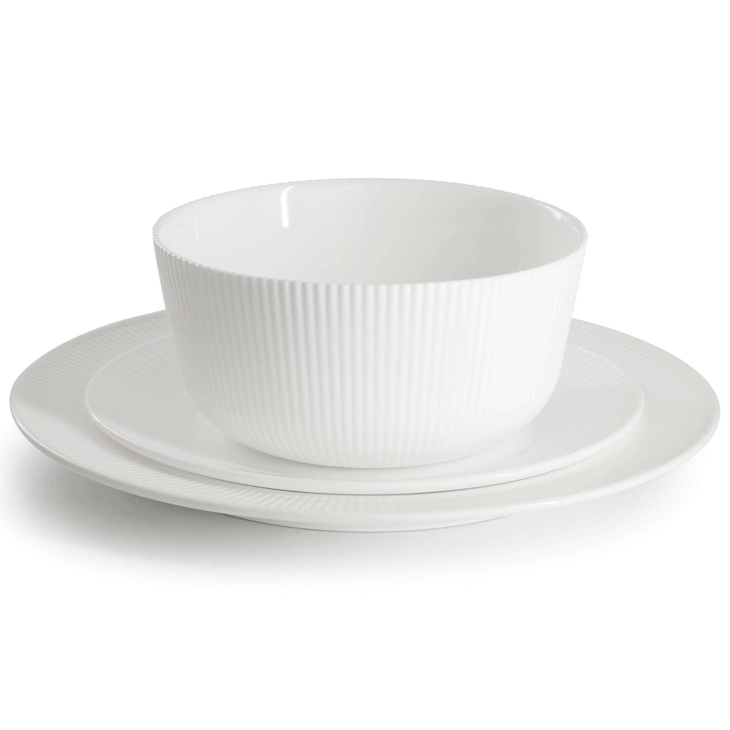 Alt View 1. Gibson - Ultra by Gibson Swanton Stripe 12 Piece Break-Resistant Opal Glass Dinnerware Set in White - White.