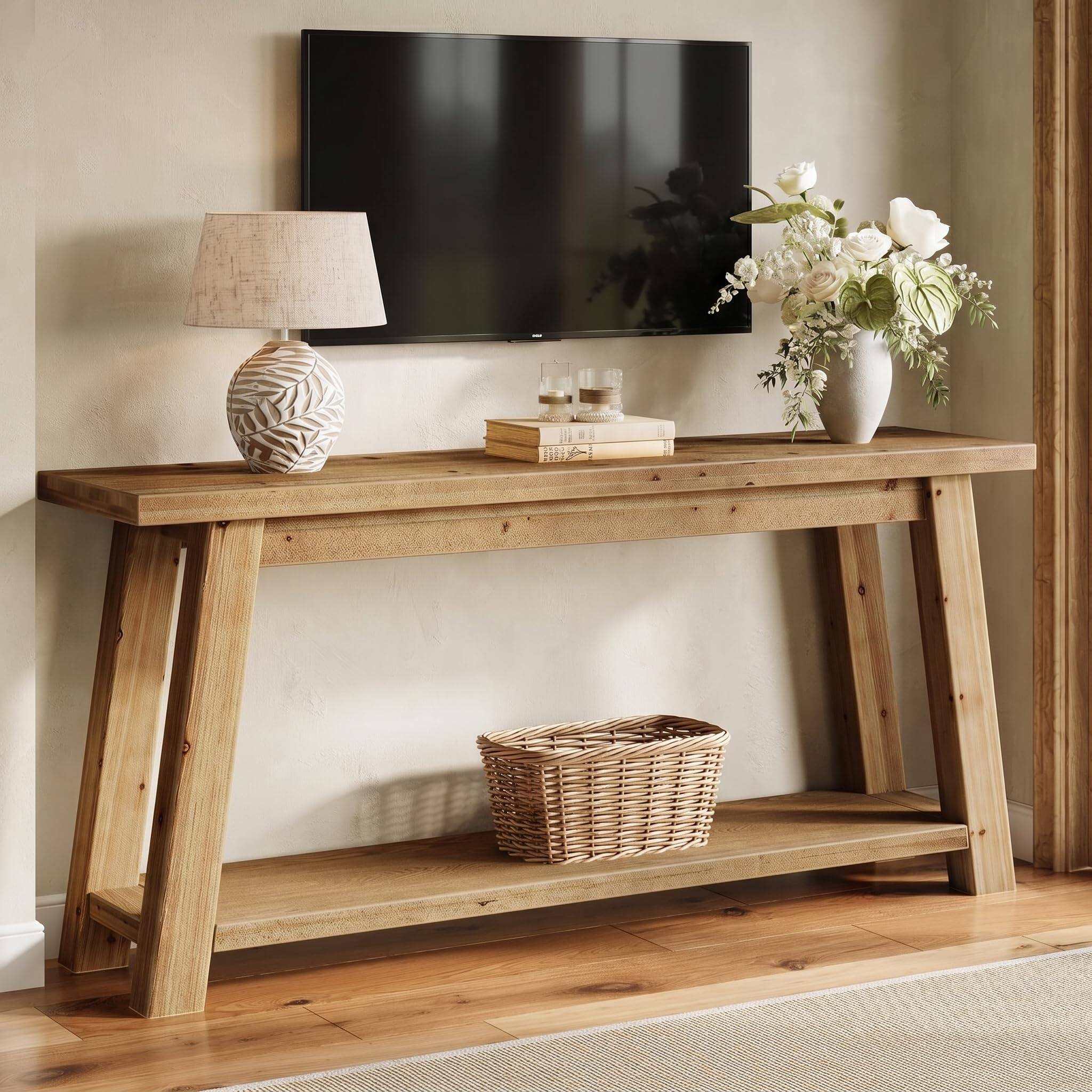 Angle. Tribesigns - 70.9-Inch Solid Wood Farmhouse TV Stand with Open Storage Shelves for TVs up to 80 Inches - Natural Wood Color.