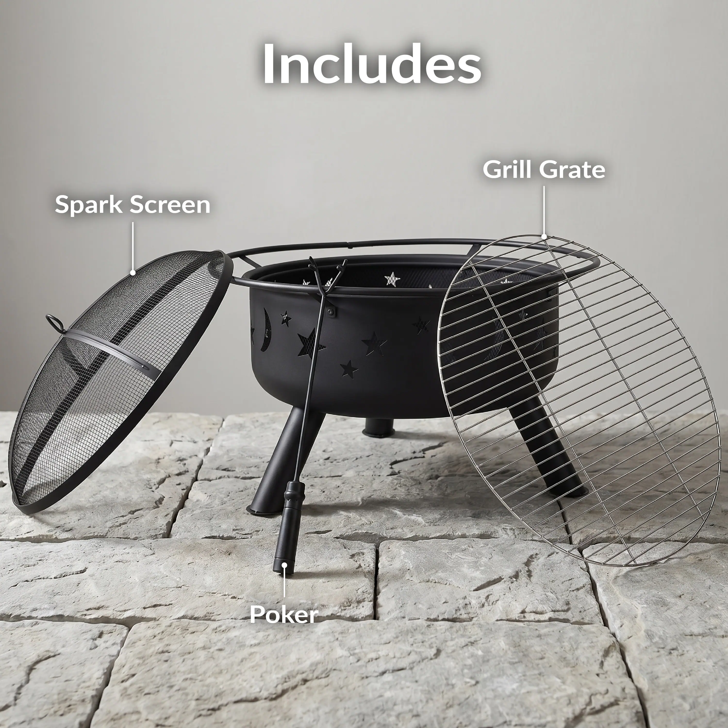 Includes Spark Screen, Grill Grate, Poker