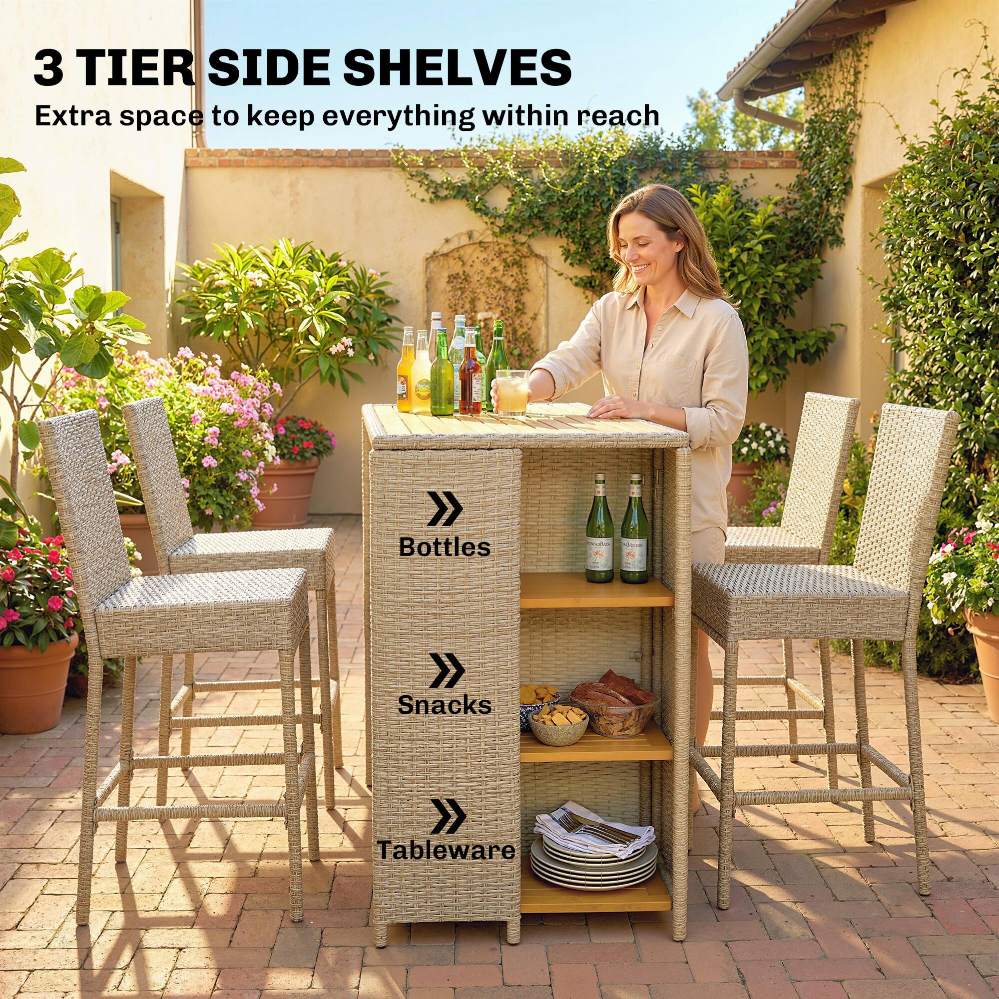 3 TIER SIDE SHELVES  
Extra space to keep everything within reach  

Bottles  
Snacks  
Tableware