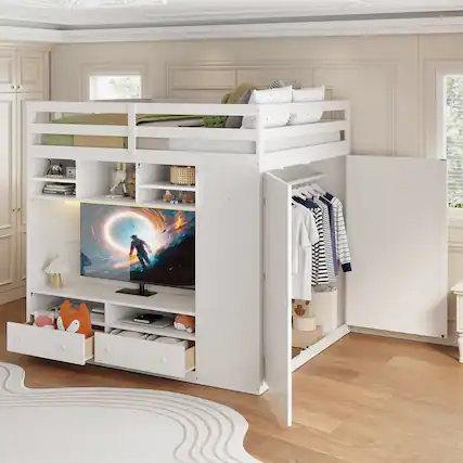 Front. Anysun - Full size Loft Bed with Drawers, Shelves and Light - White.