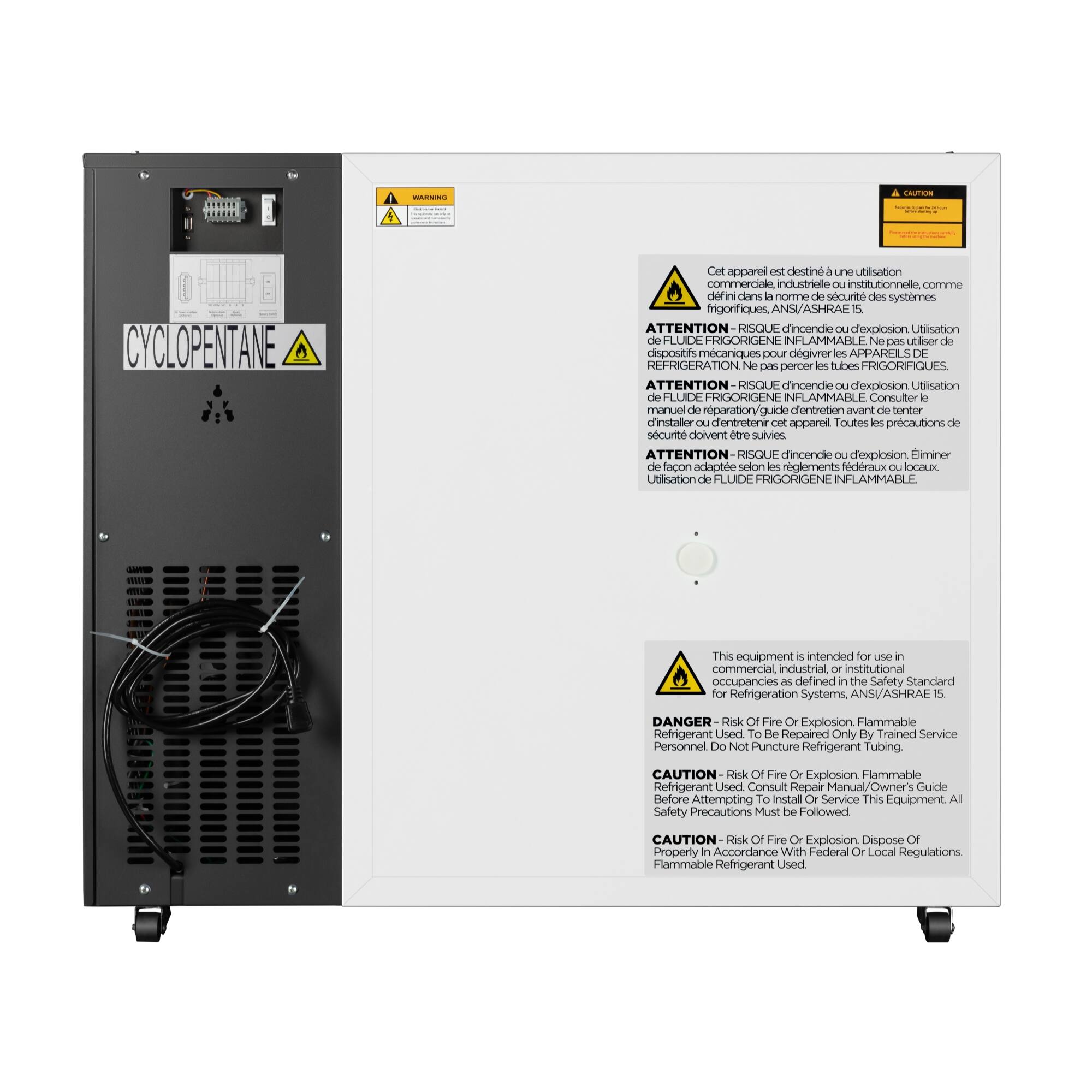 This equipment is intended for use in commercial, industrial, or institutional occupancies as defined in the Safety Standard for Refrigeration Systems, ANSI/ASHRAE 15.

DANGER: Risk of Fire or Explosion. Flammable Refrigerant. Personal Protective Equipment (PPE) must be worn when servicing this equipment. Do not puncture or pierce this equipment. Consult the repair manual or owner's guide for all safety precautions.

CAUTION: Risk of Fire or Explosion. Flammable Refrigerant Used. Dispose of this equipment in accordance with federal or local regulations.